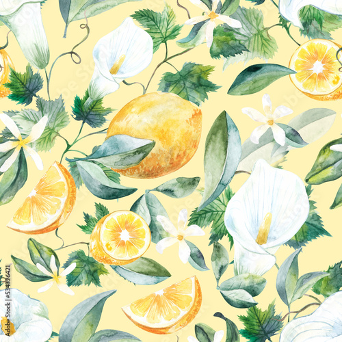 Lemon calae lillies grapevine watercolor seamless pattern on light yellow background.