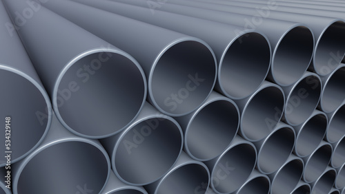 DOF camera 3D illustration of the PVC pipes stacked at warehouse