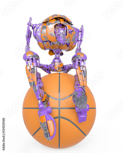 out of date robot is sitting on the basketball ball in white background