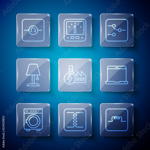 Set line Washer, Electrical transformer, Inductor in electronic circuit, Switch, Nuclear power plant, Table lamp, Ohmmeter and Laptop icon. Vector