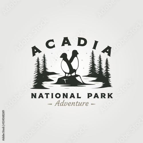 acadia national park vintage logo vector symbol illustration design, puffin on the stone symbol