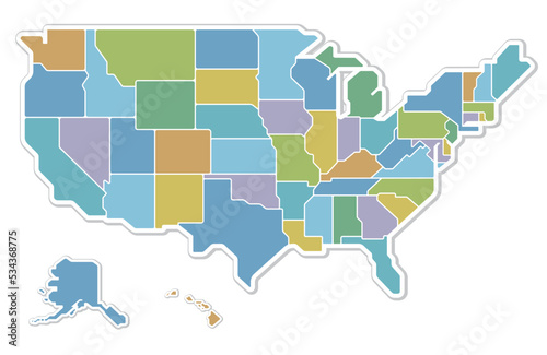 アメリカ合衆国の地図 50州色分け シンプル