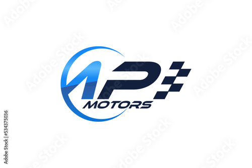 MP motor sport initial logo design racing car garage workshop icon symbol with checkered flag illustration