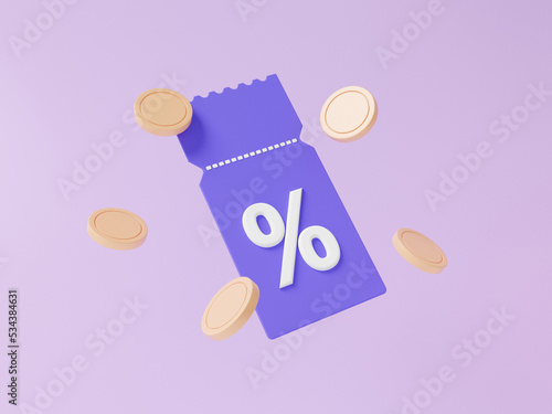 Promotion sale percentage discount coupons and coins floating on purple background marketing profitable shopping online concept. cashback, purchase, sell, minimal cartoon. 3d render illustration