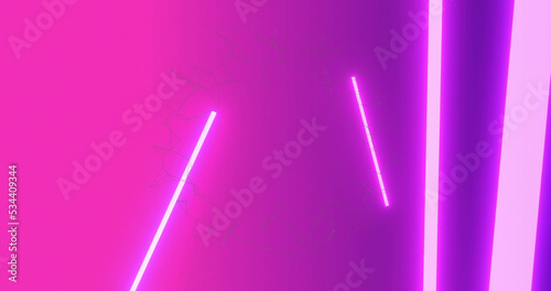 Image of network of connections spinning over glowing neon purple lights