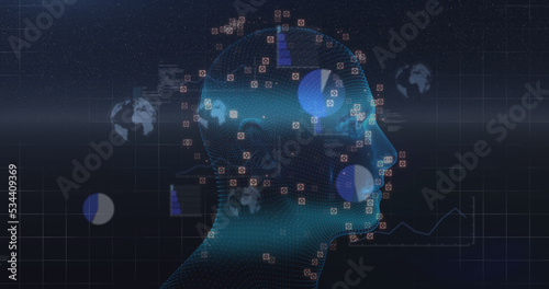 Image of human head and data processing over digital screen