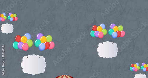 Image of colorful balloons flying with clouds and hot air balloon over grey background
