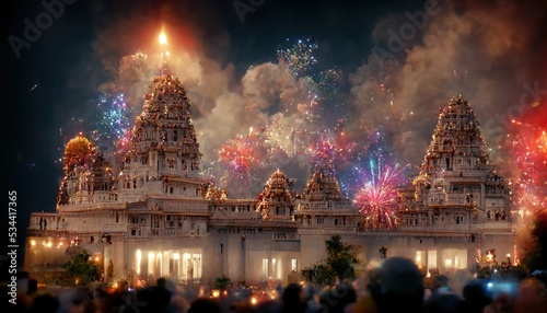 AI generated or 3D illustration of fireworks above a Hindu temple during Diwali or Deepavali, the Hindu festival of lights 