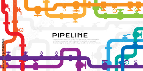 Pipelines colorful textured background with copy space. Industrial vector banner with pipes and equipment.