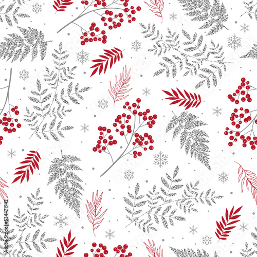 Merry Christmas, Happy New Year seamless pattern with branches, leaves and berries for greeting cards, wrapping papers. Seamless winter pattern. Vector illustration.