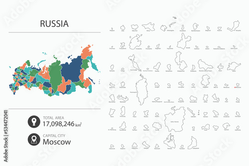 Map of Russia with detailed country map. Map elements of cities, total areas and capital.