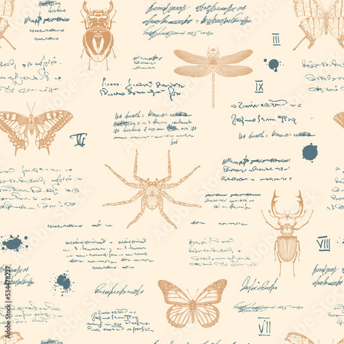 vector image of a seamless textured background in the style of notes from an entomologist diary with sketches, formulas and notes and sketches of insects