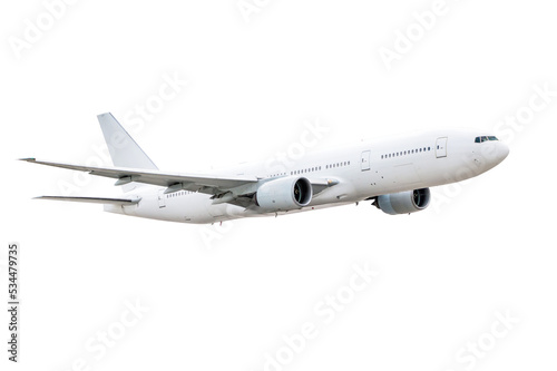 Wide body passenger airliner flying isolated on transparent background