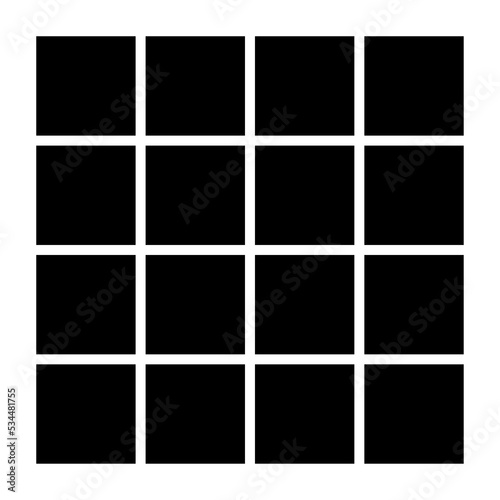 Black fill, no stroke. Square divided into sixteen, 16, parts. 4x4 grid. Isolated png illustration, transparent background. Asset for overlay, montage, collage, presentation. Business concept.
