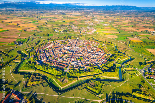 Star shape town of Palmanova defense walls and trenches aerial panoramic view