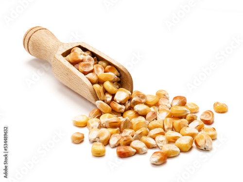 Nasiona kukurydzy w drewnianej szpatułce na białym tle