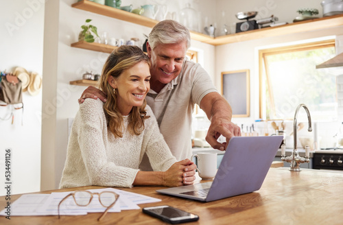 Happy pension couple with laptop and paperwork for retirement planning, online ecommerce website or digital bank application investment. Elderly, senior people for life insurance or asset management