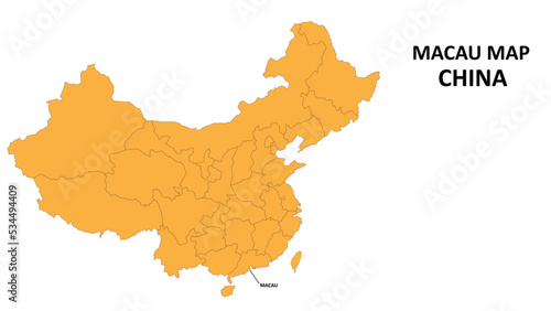 Macau province map highlighted on China map with detailed state and region outline.