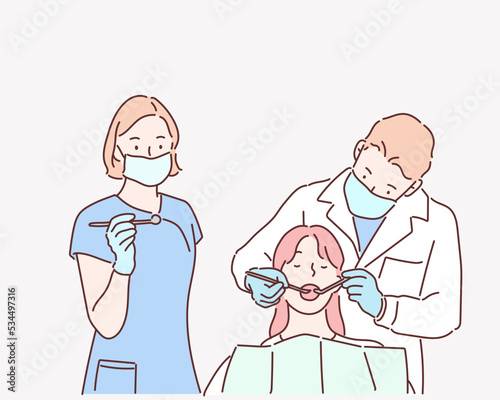 Dentists and patient in dentist office. Hand drawn style vector design illustrations.