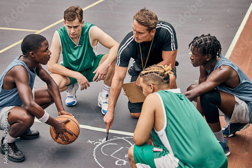 Basketball, team and sport teamwork coach match planning a fitness exercise and game. Motivation, athlete training and sports workout of people start game strategy together on a outdoor court