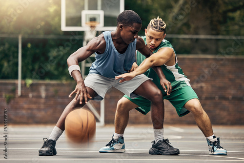 Basketball sport, outdoor game and men training on court for professional event with energy together. Athlete team playing fast sports in collaboration with action for exercise, workout and health