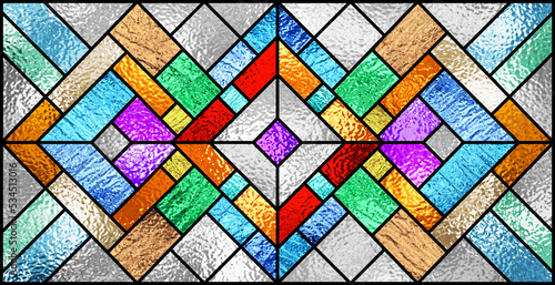 Stained glass window. Abstract colorful stained-glass background. Art Deco geometric decor for interior. Modern pattern. Luxury modern interior. Transparency. Multicolor template for design interior.