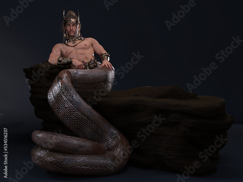 3D Render : A human-snake hybrid male creature, half snake half human, fantasy lord male naga character