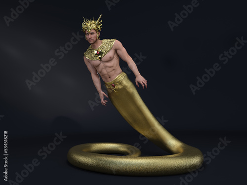 3D Render : A human-snake hybrid male creature, half snake half human, fantasy golden lord male naga character