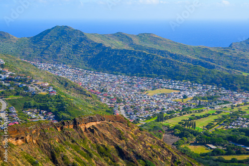 Kalama Valley residential neighborhood in the east suburbs of Honolulu on O'ahu island - Upscale houses built on the slopes of a polynesian volcano