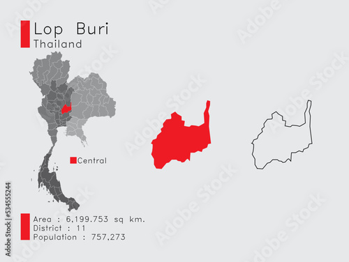 Lop Buri Position in Thailand A Set of Infographic Elements for the Province. and Area District Population and Outline. Vector with Gray Background.