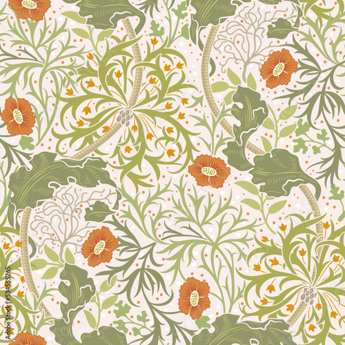 Floral seamless pattern with small orange flowers and green foliage on light background. Vector illustration.