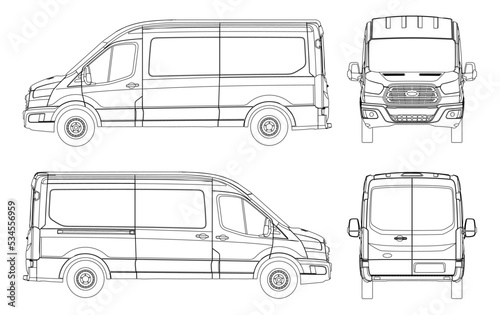 Van vector template for car branding and advertising. Light commercial van. Ford transit blueprint. Delivery truck template. Blank commercial truck.