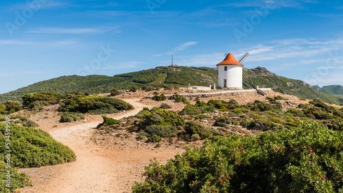 Moulin Mattei, an ancient renovated windmill at the northern tip of Cap Corse in Corsica