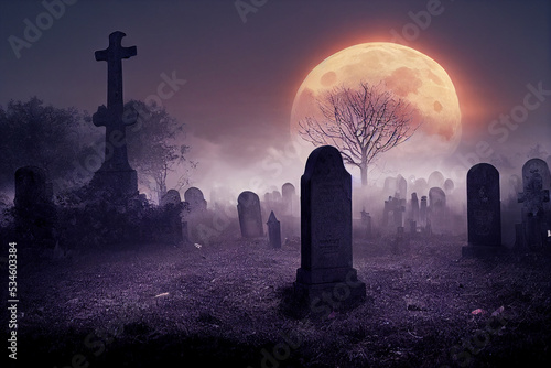 3d illustration of Spooky graveyard at Halloween. 