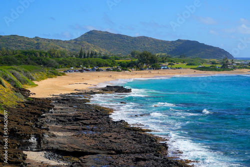 Sandy beach on the eastern coast of O'ahu island in Hawaii along the Kalaniana'ole Highway