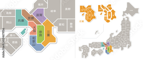 日本地図 近畿地方 色分け 都道府県名入り 