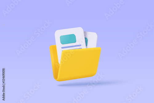 3d folder and paper for management file, document efficient work on project plan concept. Document cartoon style minimal folder with files icon. 3d vector render on isolated purple pastel background