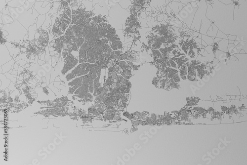 Map of the streets of Lagos (Nigeria) made with black lines on grey paper. Top view. 3d render, illustration