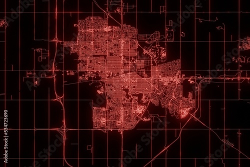 Street map of Regina (Canada) made with red illumination and glow effect. Top view on roads network. 3d render, illustration