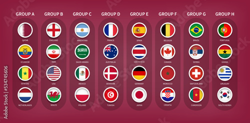 Qatar soccer cup tournament 2022 . 32 teams Final draw groups with country flag . Vector .