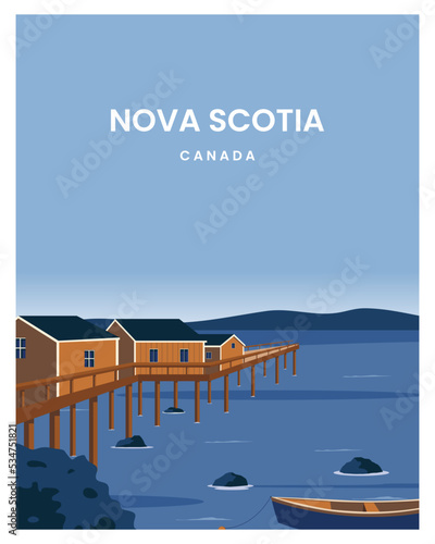 Nova Scotia landscape background. Travel to Nova Scotia Canada. cartoon vector illustration with colored style.