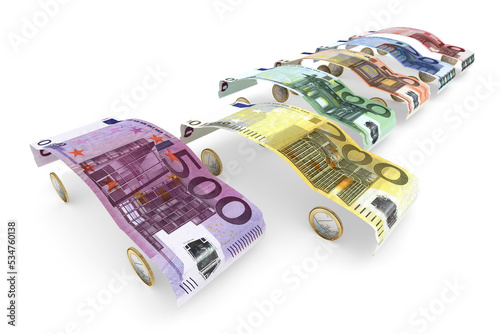 Euro-Geldscheine gefaltet zu Auto-Karroserien aufgereiht mit einem herausragendem "Fahrzeug" 01