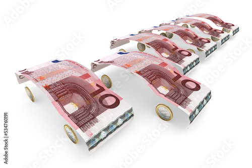 10-Euro-Geldscheine gefaltet zu Auto-Karroserien aufgereiht mit einem herausragendem "Fahrzeug"