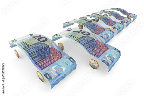 20-Euro-Geldscheine gefaltet zu Auto-Karroserien aufgereiht mit einem herausragendem "Fahrzeug" 02