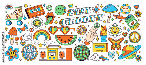 Cartoon groovy 70s hippie daisy, rainbow, heart, mushroom stickers. Funny psychedelic trendy 60s elements flat vector symbols illustration set. Retro hippie badges collection