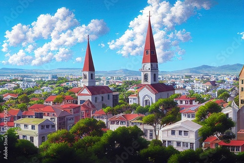 anime style, St George's Grenada August 23 2022 Commercial buildings historical landmarks like churches and residential buildings in St George's the capital city of Grenada , Anime style no wate