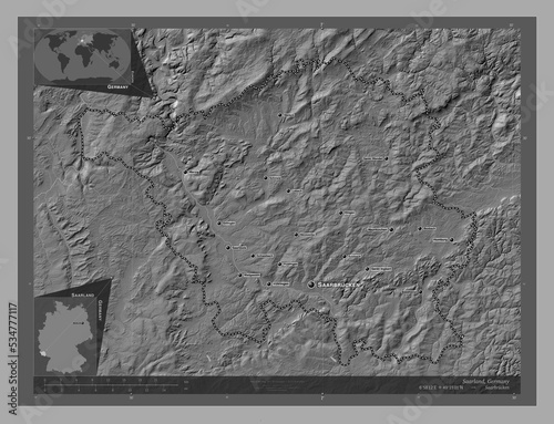 Saarland, Germany. Bilevel. Labelled points of cities