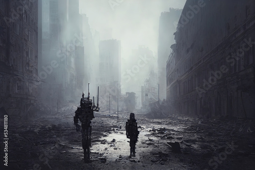 Military robot in the ruined city, destroyed earth, digital painting. Concept apocalypse
