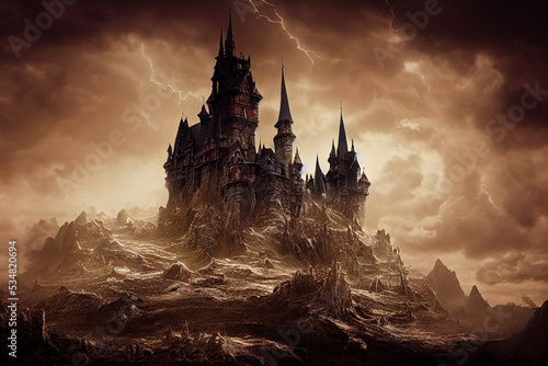 dark fantasy castle with a sepia theme, abstract digital illustration, created with generative ai