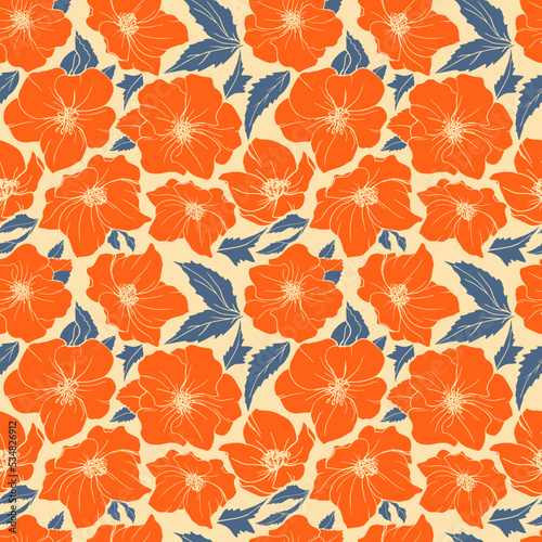 Drawn vector floral pattern. Orange bright flowers on a beige background. Autumn color combination. Autumn fabric print. Milk background.
